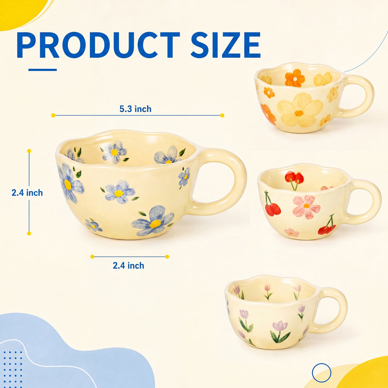Ensemble de 4 tasses en céramique florales peintes à la main, ensemble de tasses à café à bord ondulé de 5,3 po de couleur bleu orange, rose et mauve pour les boissons au thé pour le petit-déjeuner