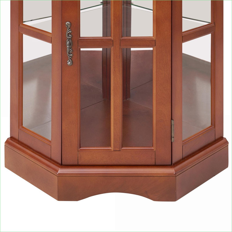 Cabinets | Corner Curio Display Cabinet, 5 Tempered Glass Shelves, With Lighting System, 70.5"H, Walnut Brown Finish | Traditional | MDF