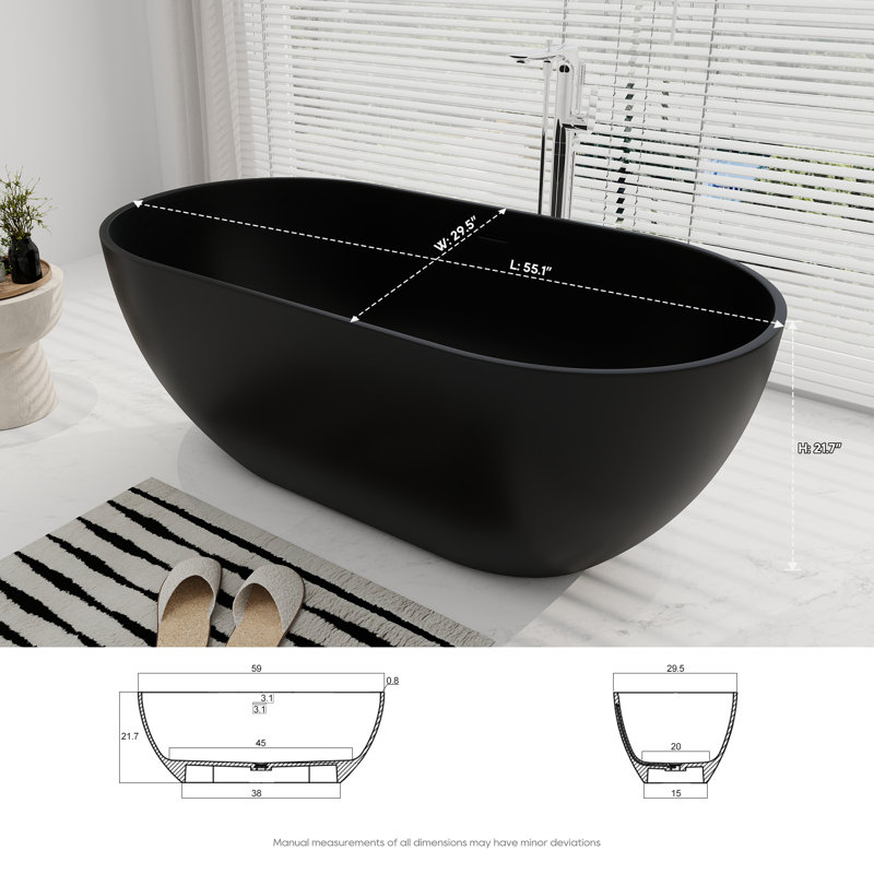 59'' x 29'' Freestanding Soaking Solid Surface Bathtub, Matte Black