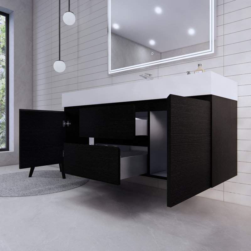 Ensemble de meuble-lavabo mural simple 59 po Babajide, Chêne noir riche