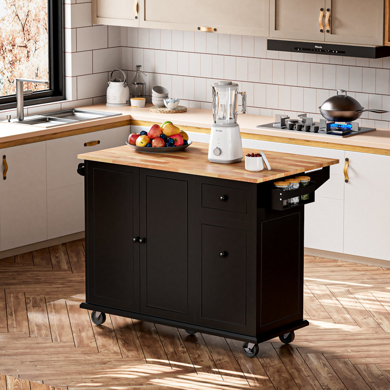 Creg Rolling Mobile Kitchen Island Cart with Drop-Leaf Top, Pull-Out Storage, and Locking Casters, Black