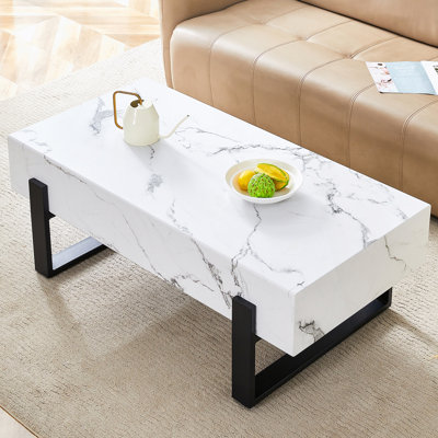 47.2"x23.6" White Marble texture sticker MDF Coffee Table.White texture sticker,Black metal leg spray coating,MDF Coffee table.Showcasing a modern and simple style.