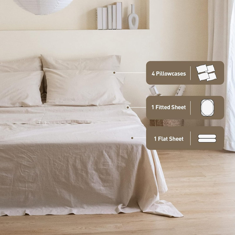 Sheet Set Solid Color - 6 Pieces,4 Pillowcases, 1 Fitted Sheet, 1 Flat Sheet, Linen