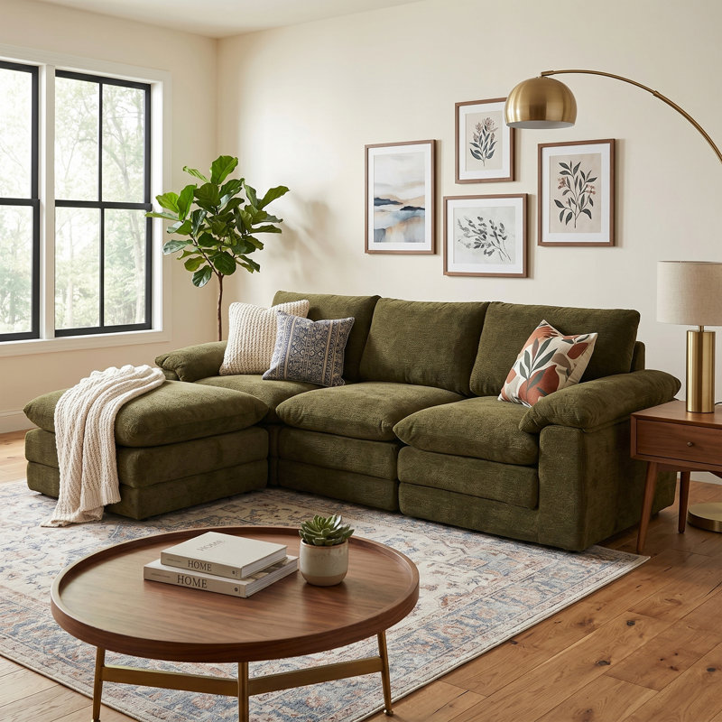 104" Wide Modern Upholstery Compressing Sectionals With Movable Ottoman