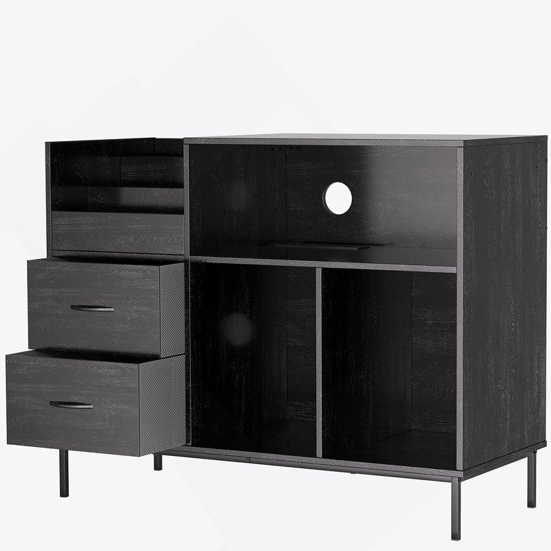 Eco-Friendly Record Player Stand With Flip-Top - Wood Vinyl Storage Cabinet With 2-Outlet Power Strip, Drawers & Dustproof Cubbies, Media Console For Living Room/Study, Black