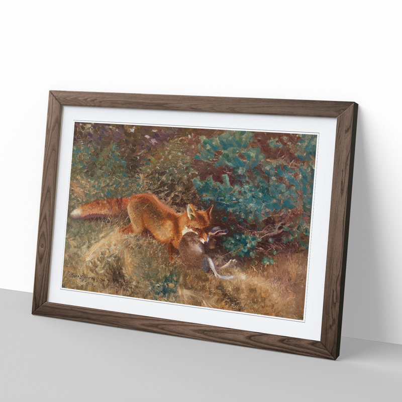 Fox with Brown Hare by Bruno Liljefors - Picture Frame Painting, Walnut Framed, 27cm H x 36cm W x 2cm D
