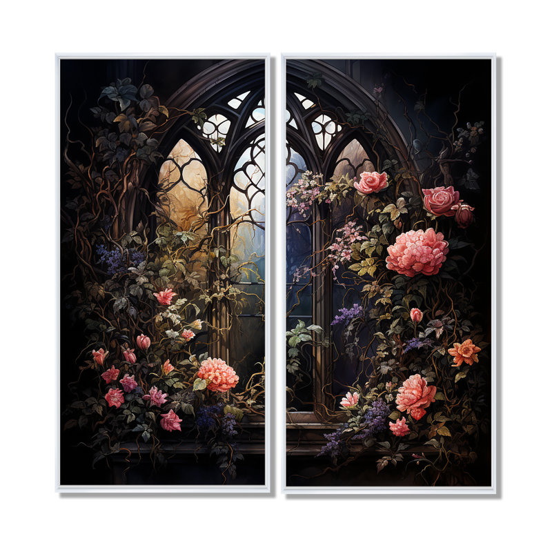 «Floral Window», art mural 2 pièces, H 40 po x l 40 po, Impression encadrée flottante, Blanc