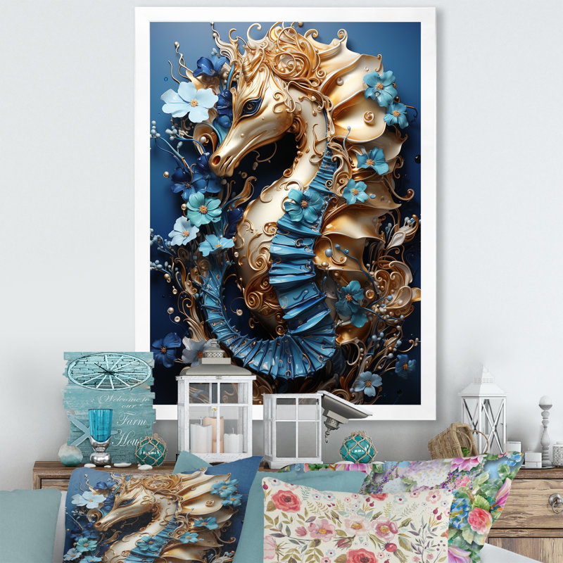 «Sapphire Seahorse Delicate Drips I», reproduction sur toile, H 20 po x l 12 po x P 1 po, Cadre photo blanc