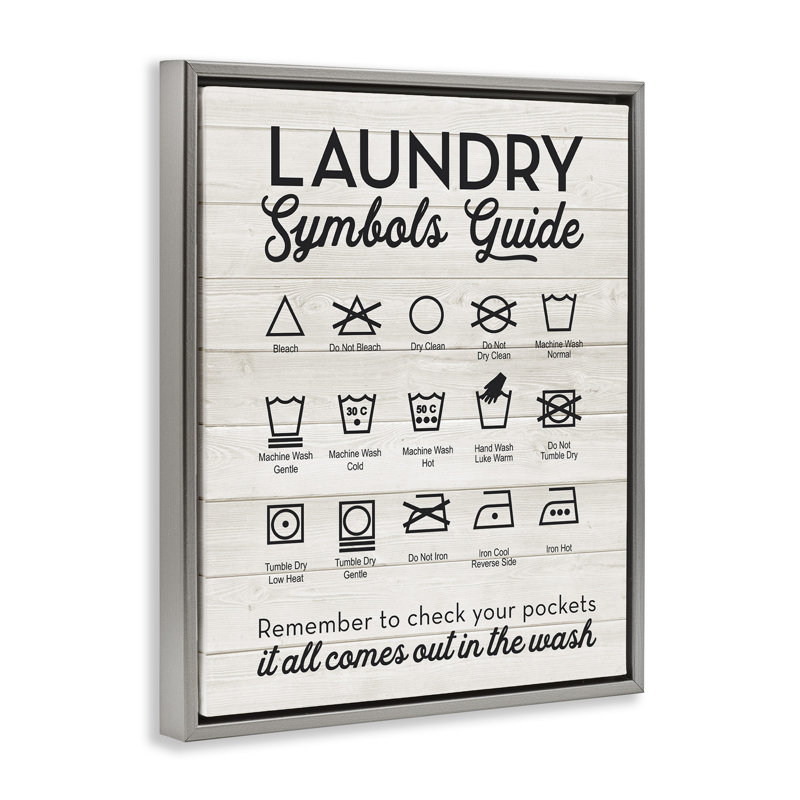 «Laundry Laundry Symbols Guide», art mural sur toile par lettrage et doublure, H 31 po x l 25 po, Cadre flottant gris lustré