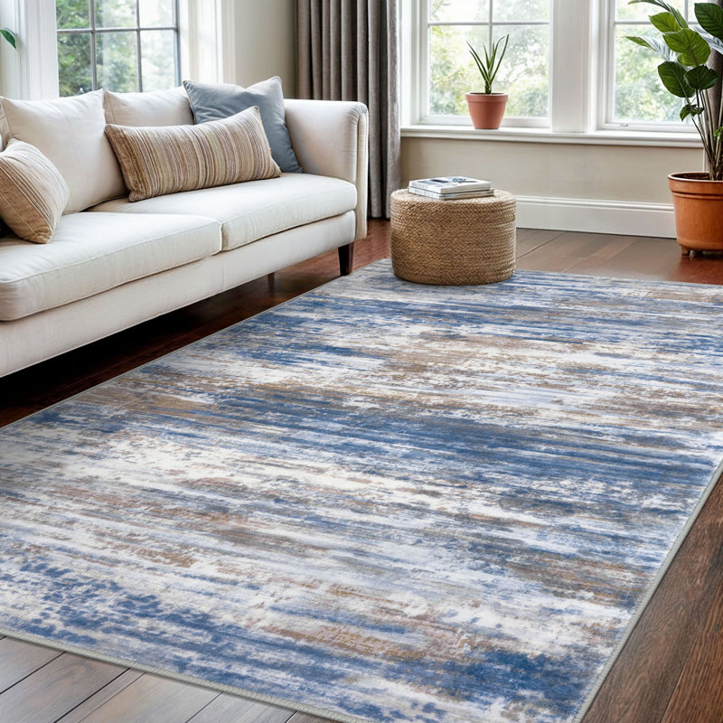 Tapis d'intérieur / bleu avec tapis en caoutchouc lavables à la machine 9 x 12, Blue/Grey, Rectangle 9 pi x 12 pi