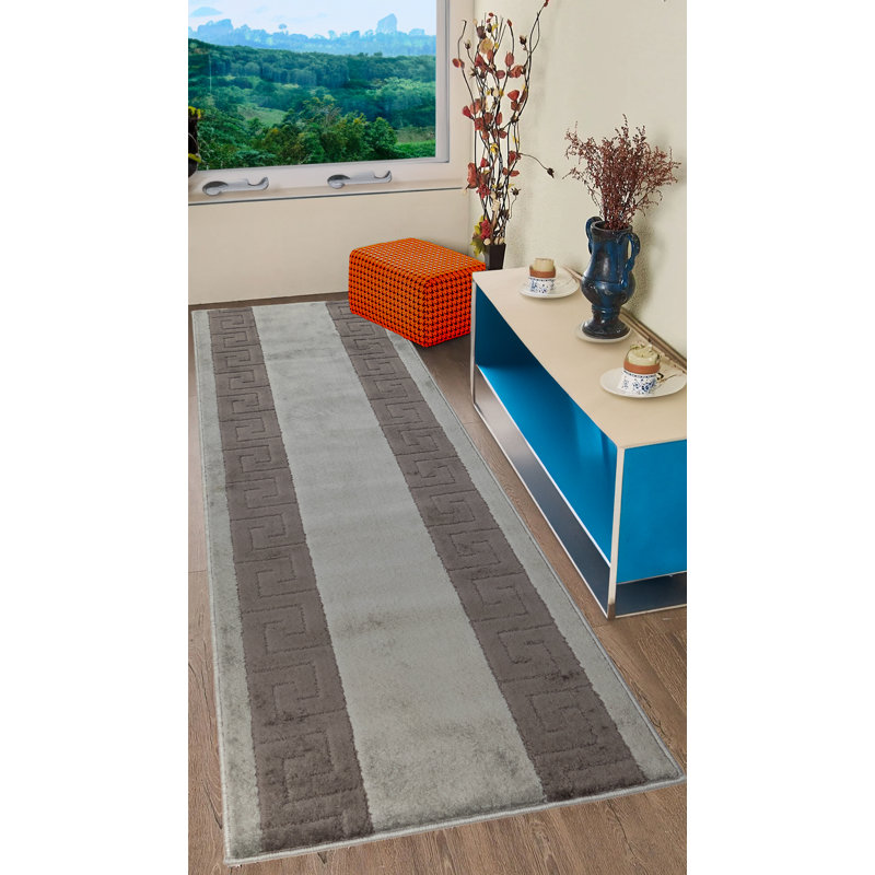 Soft Medium Pile Anti Slip Antibacterial Greek Bordered Gray Design Custom Size Long Rug Runner, Runner 2'7" x 8'