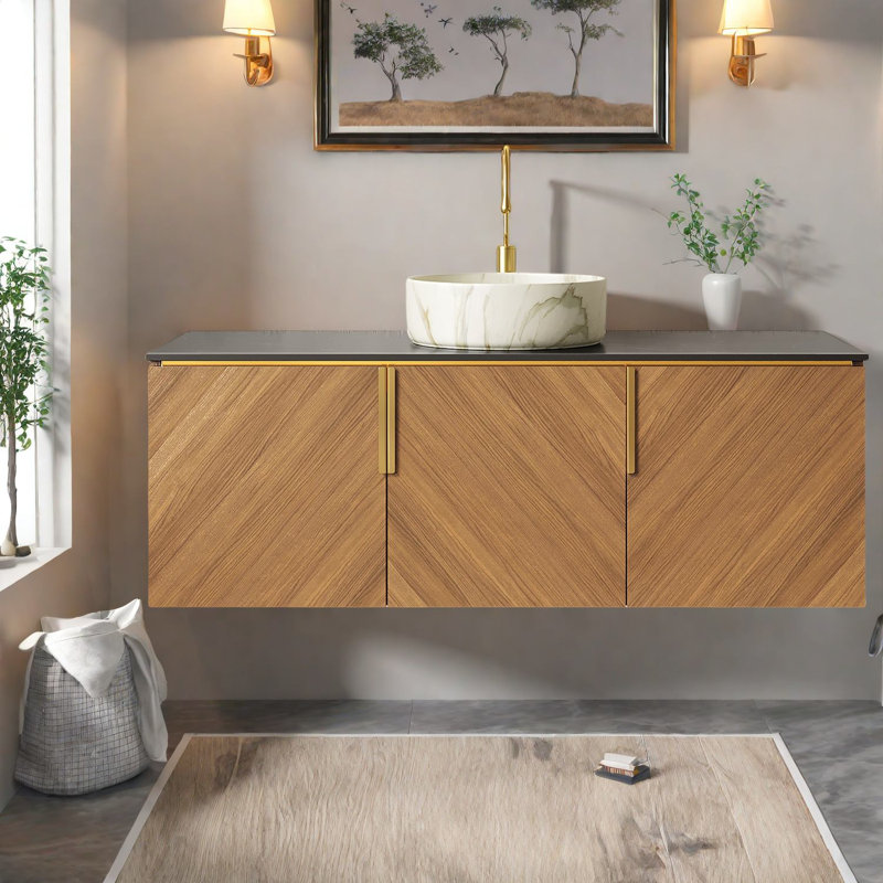 Armoire de salle de bain flottante moderne 48 "avec lavabo, lavabo en céramique durable et comptoir en marbre noir