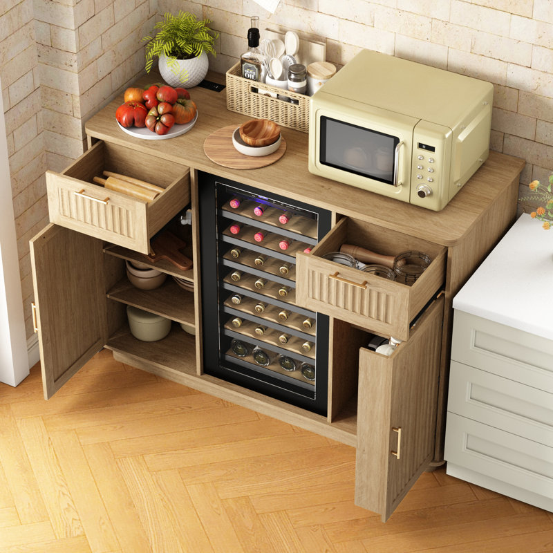 Fluted Mini Fridge Cabinet With Power Station & Stemware Rack – 38.8" Tall Buffet Sideboard Table With Storage Drawer, Bar Cabinet For Living Room