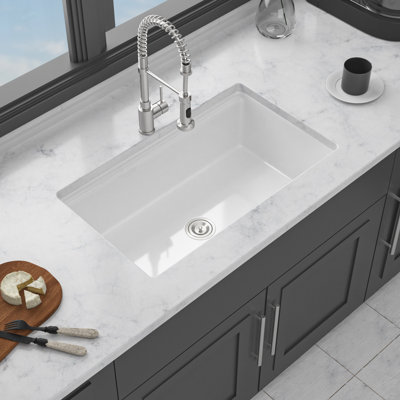 Undermount White Kitchen Sink Workstation - 33X19x10 Inch White Porcelain Ceramic Single Bowl Dual Mount Kitchen Sink