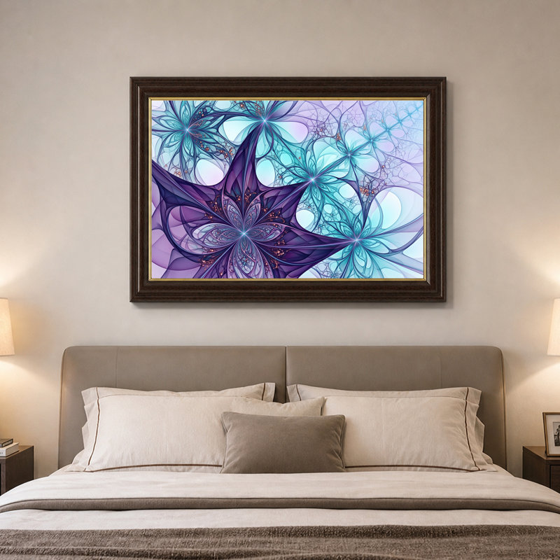 Art mural sur toile à motif floral fractal mauve et bleu sarcelle, 12"H x 18"W