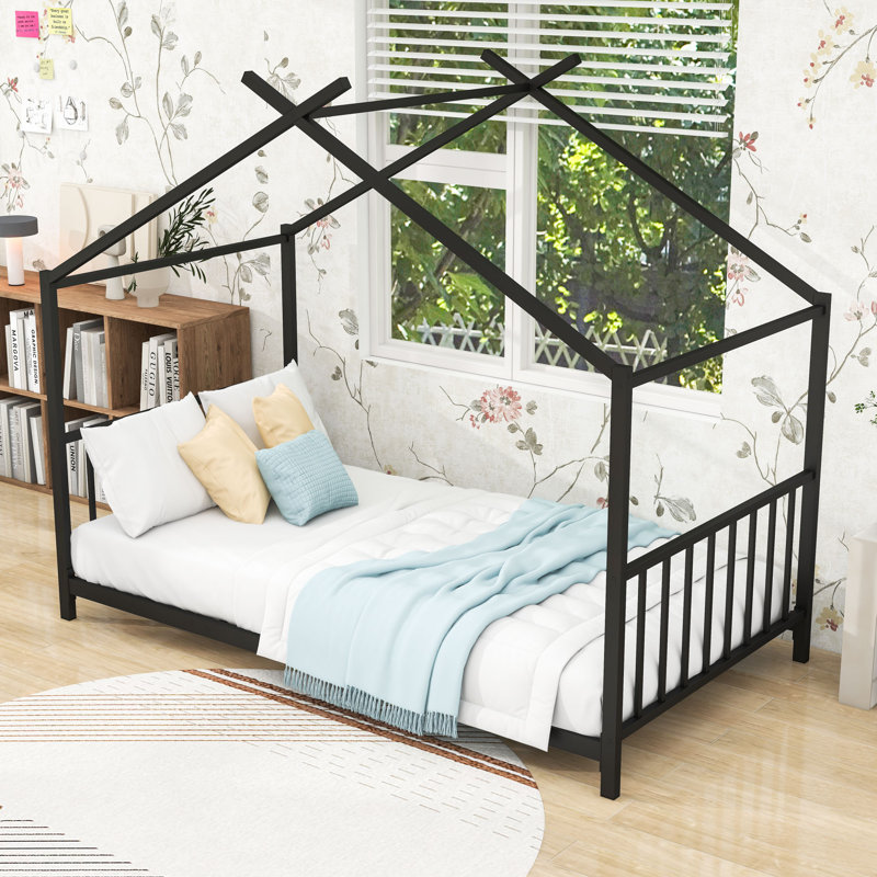 Lit plateforme simple en métal en forme de toit, Noir