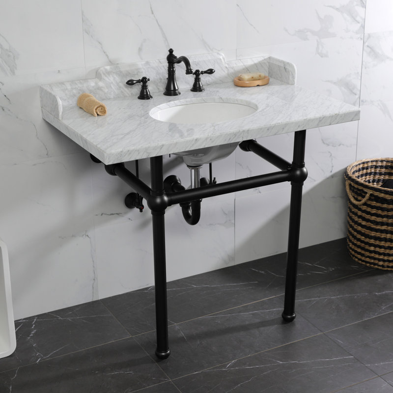 Kingston Brass Pemberton 36-Inch Carrara Marble Console Sink with Brass Legs (8-Inch, 3-Hole), Marble White/Matte Black