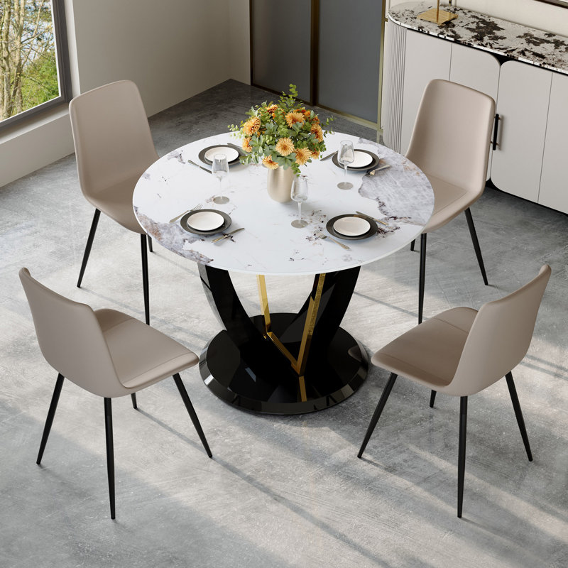 Table And Chair Set.42 Inch Diameter Round Tempered Glass Pandora Marble Patterned Dining Table - V-Shaped MDF Legs.Paired With 4 Gray Artificial PU Chairs With Curved Widened Cushion Design.
