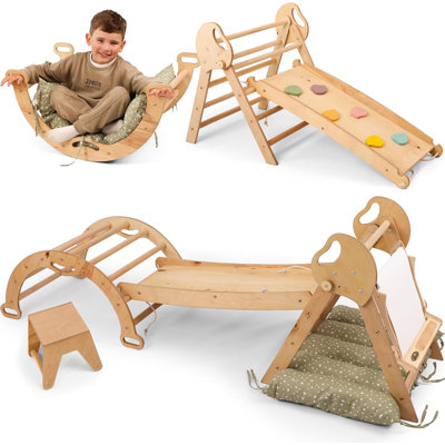 Structure d'escalade intérieure 5-en-1 pour tout-petits - échelle triangulaire, arche d'escalade, structure d'escalade Montessori, équilibre, coussin et addition d'art, salle de sport en bois pour enfants, jouets d'escalade pliables pour enfants de 1 à 3 ans