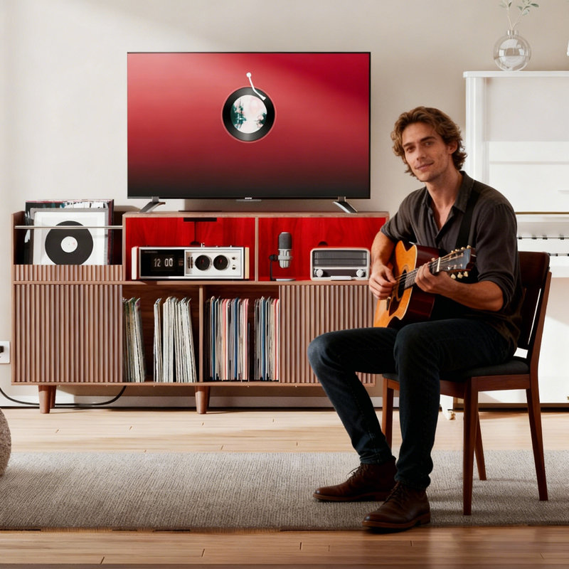 Retro Record Player Stand With LED Lights & Power Outlets - 500 Vinyl Storage Shelf For Living Room, Office