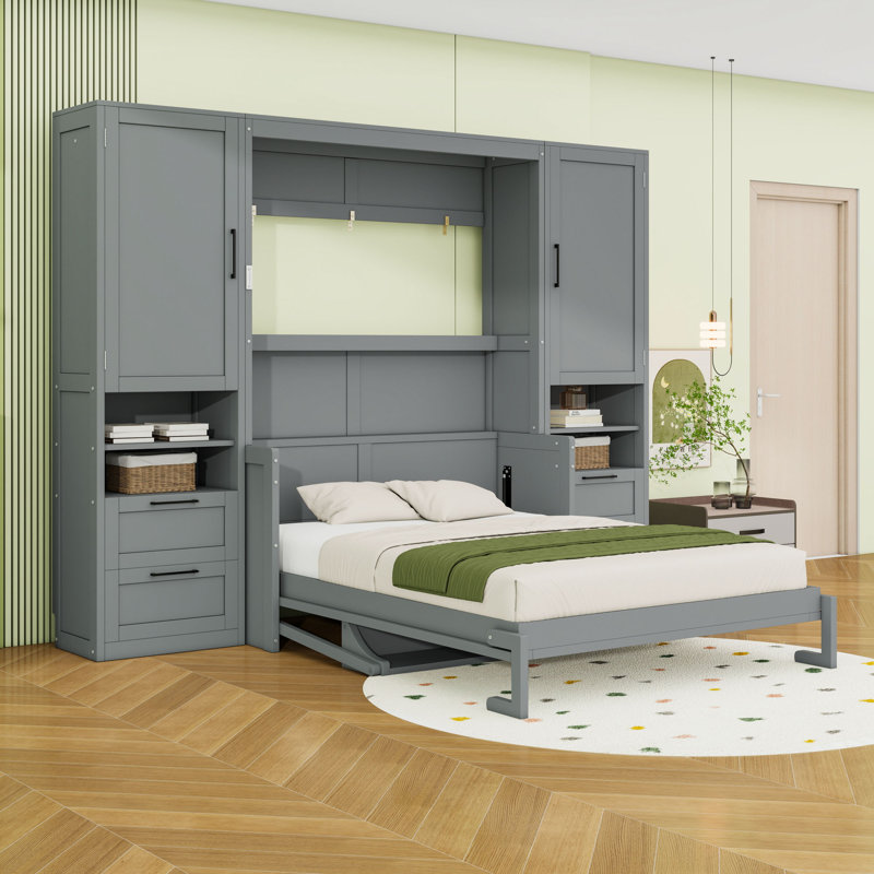 Grand lit escamotable en bois avec tiroirs et tablettes, gris