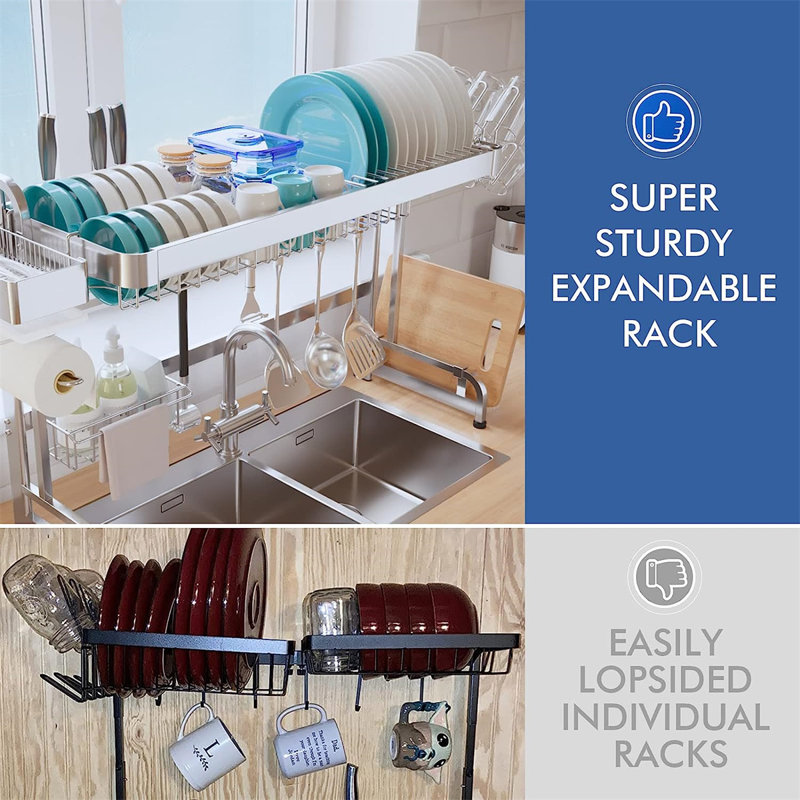 Adjustable Stainless Steel Two-Tier Over-Sink Dish Rack with Utensil Cup