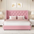 Wingback Velvet Upholstered Bed With 2 Farmhouse Nightstands – 3-Piece Bedroom Set