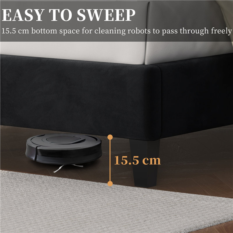 Upholstered Bed Frame with with Diamond Button-Tufted Headboard, Double, Black