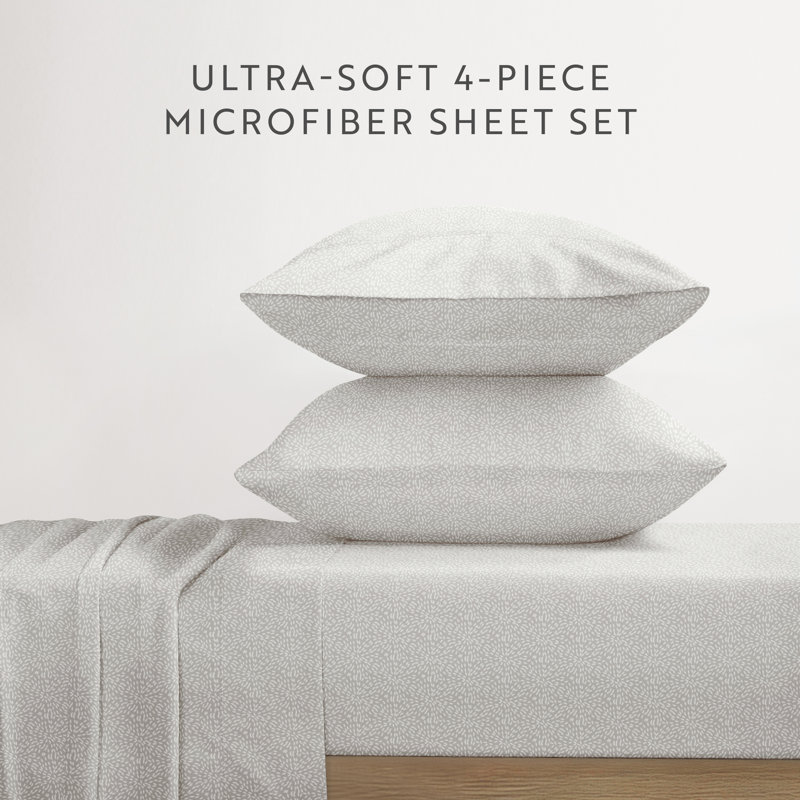 4 Piece Delicate Details Pattern Sheet Set, King Sheet Set with 2 King Pillowcase, Light Gray Floral