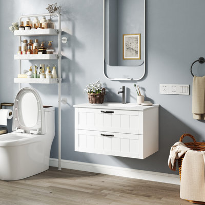 Armoire de meuble-lavabo 31,5 "avec lavabo, armoire flottante murale avec ligne décorative, système de fermeture en douceur, 2 très grands tiroirs, bois massif, pour salle de bain blanc