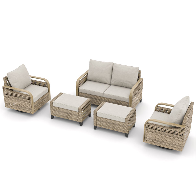 5-Piece Brown Wicker Outdoor Sofa Seating Group with Gray Cushions