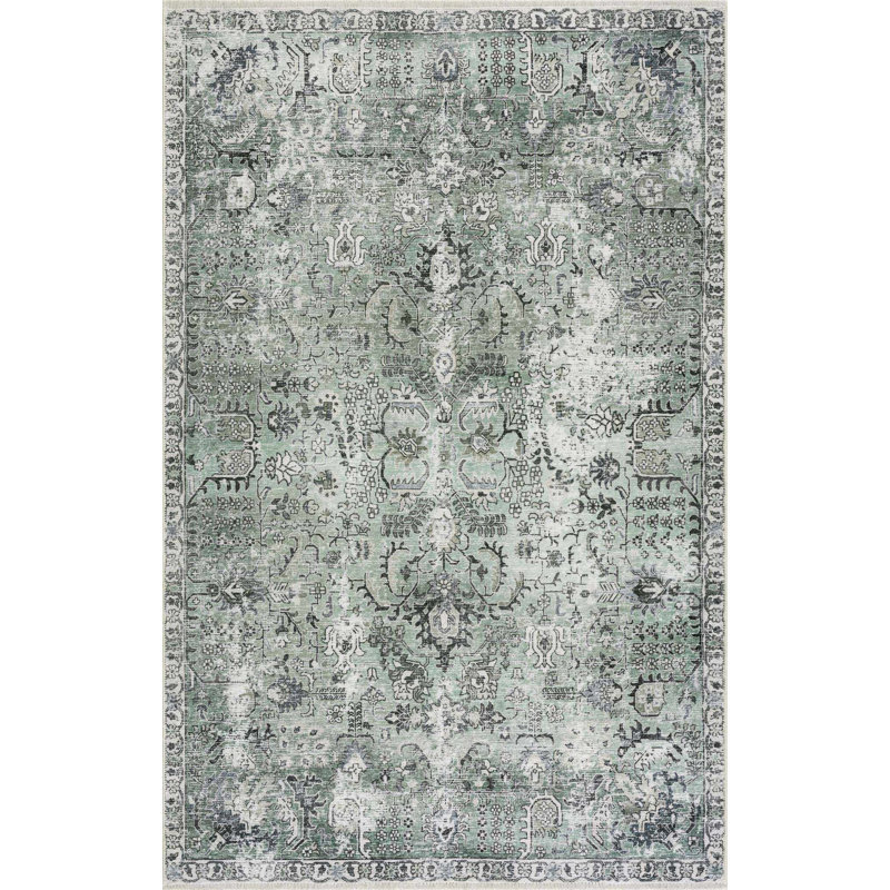 Tiltonsville Machine Washable Boho Damask Green Area Rug, Rectangle 6' 7" x 9'