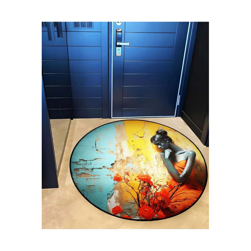 Multicolored Abstract Female Figure And Floral Pattern Round Woven Base Modern Decorative Carpet, Round 2'8"