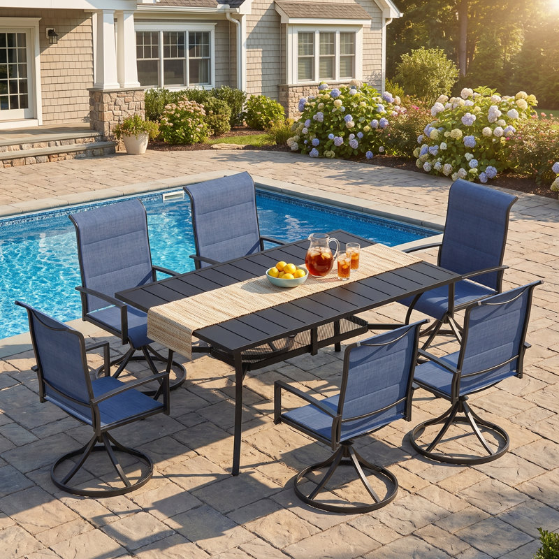 Table de salle à manger L 59 po x l 38 po avec trou pour parasol et 6 chaises pivotantes rembourrées en textilène | Ensemble repas d'extérieur robuste pour patio