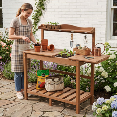 HDPE Ourdoor Garden Potting Bench Table Work Bench With Sliding Tabletop & Removeable Sink - Outdoor Gardening Workstation With Stainless Steel Sink, Hooks, Shelf, And Hidden Wheels