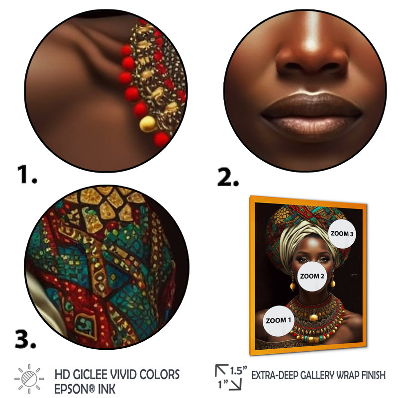 «Elliyah African Queen» avec un collier traditionnel sur toile, H 40 po x l 30 po x P 1,5 po, Encadrement doré