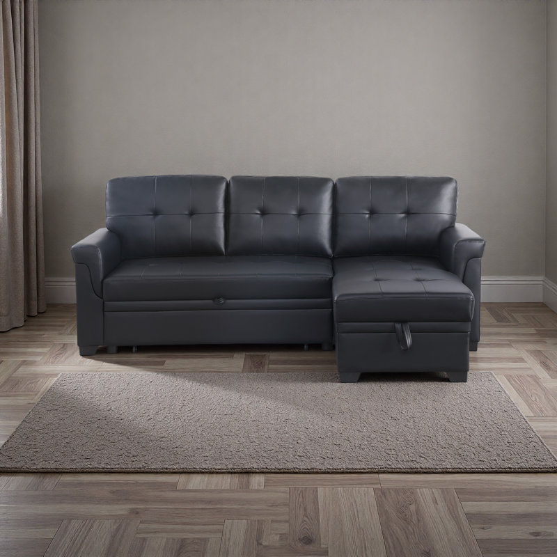 84"W Black Vegan Leather Modern Reversible Sleeper Sectional Sofa With Storage Chaise