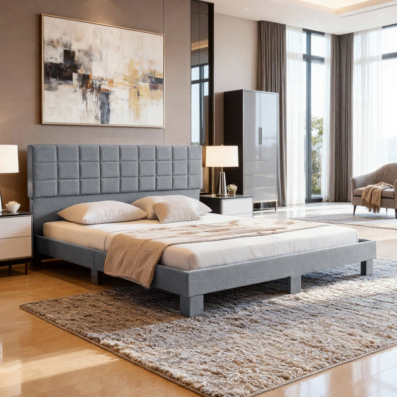 King Size Platform Bed Frame, Upholstered Tufted Headboard with Solid Wood Slats Support, Light Gray
