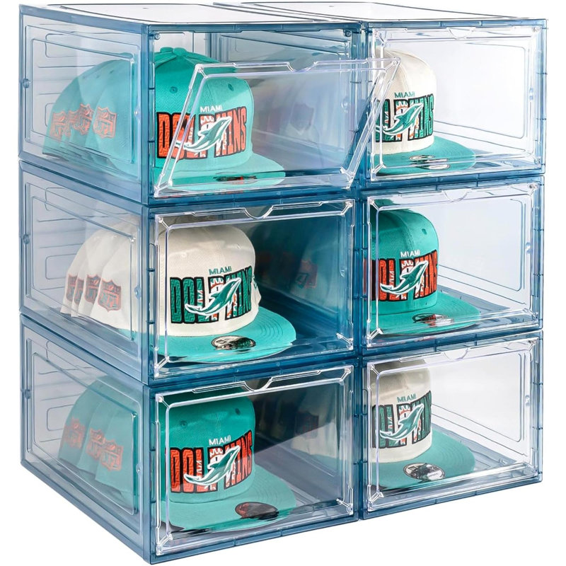6 Pack Hat Organizer Box, Stackable Baseball Caps Holder Box Containers With Magnetic Door For Hats Snapback Cap Storag, Hat Rack Display Case, Holds 8 Hats Each