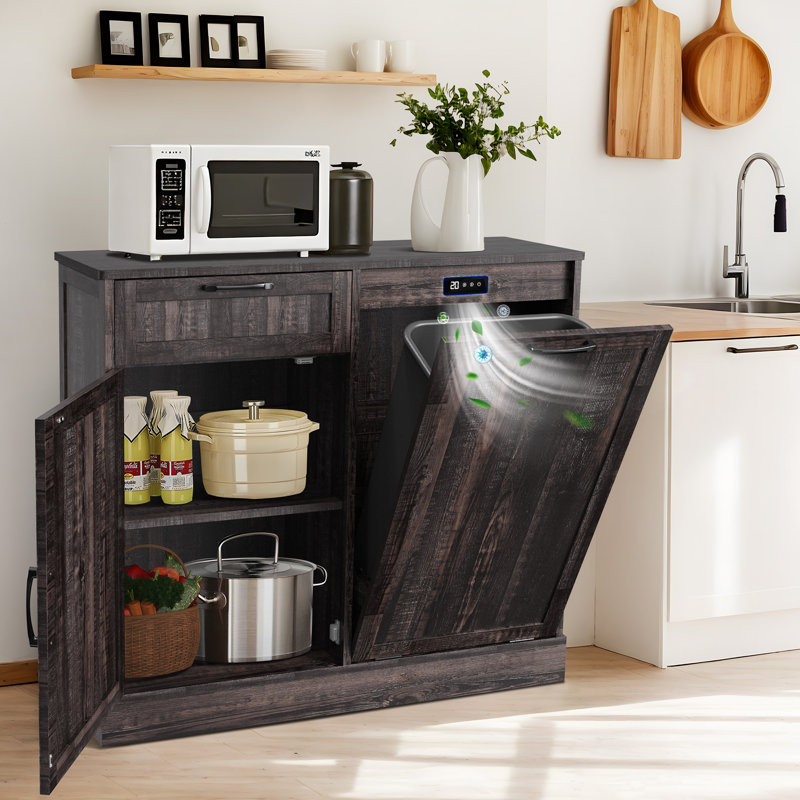 Armoire à poubelle inclinable, armoire à poubelle pour la cuisine, armoire en bois avec poubelle escamotable, Noir