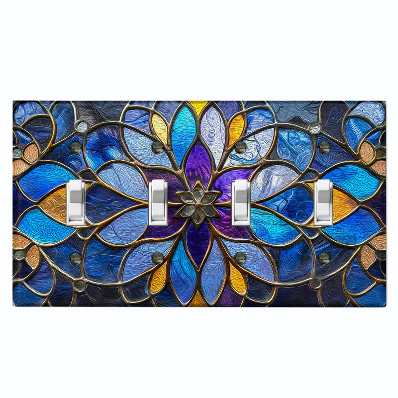 Plaque d'interrupteur en métal ; interrupteur à bascule 4 voies, taille standard américaine ; motif imprimé d'un mandala floral en vitrail.