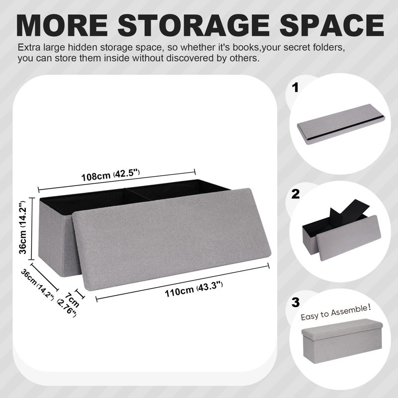Ottoman with Storage for Living Room, Sherpa Folding Storage Ottoman Foot Rest, Collapsible Bedroom Bench Storage Foldable Boucle Ottoman Bench, Faux Teddy Fur