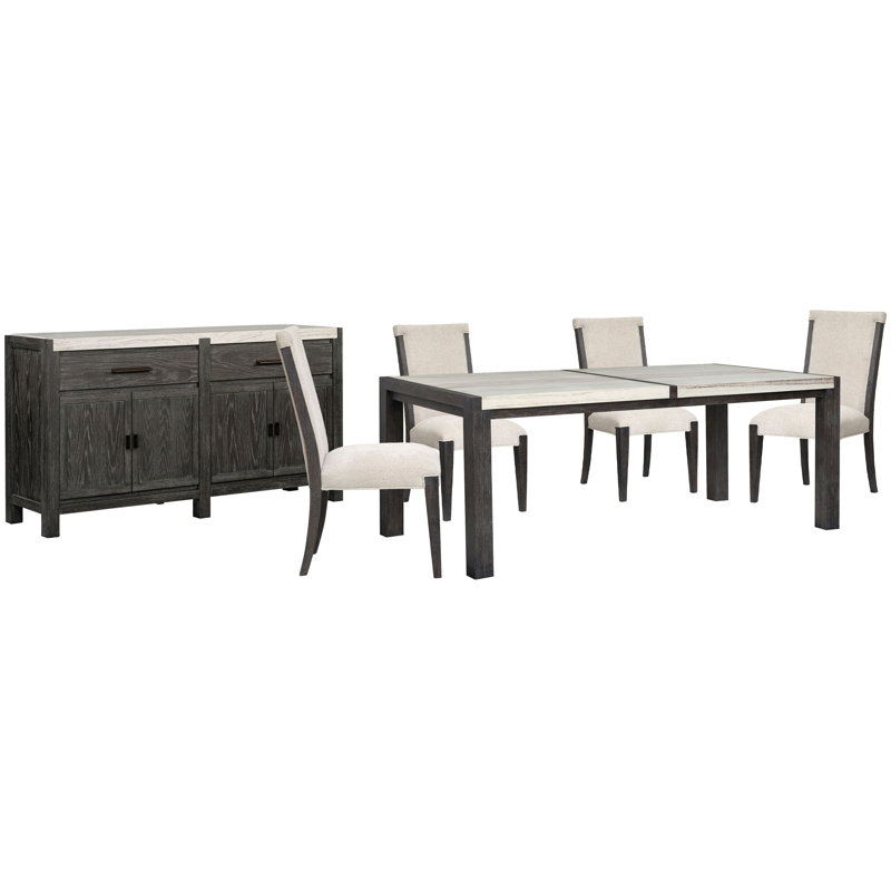 Table de salle à manger rectangulaire avec 4 chaises d'appoint rembourrées et buffet, 6 pièces: table, 4 chaises, buffet