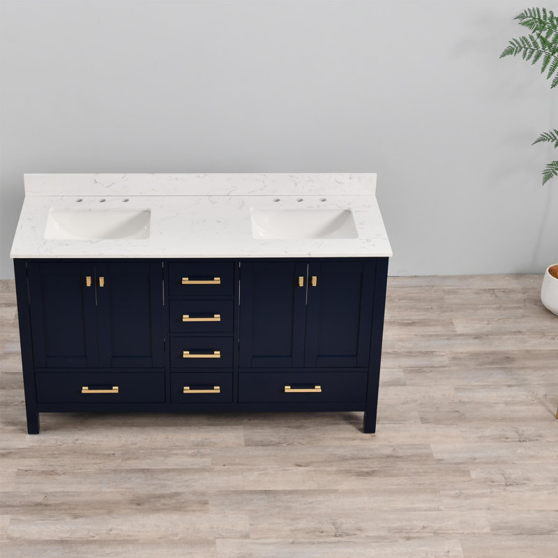 60 Inch Bathroom Vanity With Double Sinks, Blue, Brushed Gold