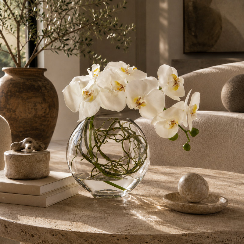 Whisman Orchid Arrangement in Round Glass Vase with Vines, White
