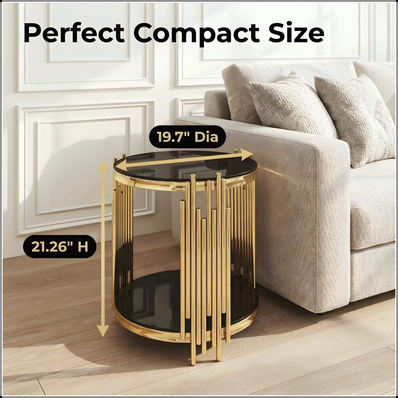 Table de bout ronde à 2 niveaux en verre avec pieds en acier inoxydable doré, Noir / doré