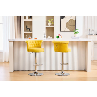 Of 2 Bar Stools In Velvet, Height Adjustable, 360 - Degree Swivel, Silver Legs, Counter For Kitchen And Dining Metal