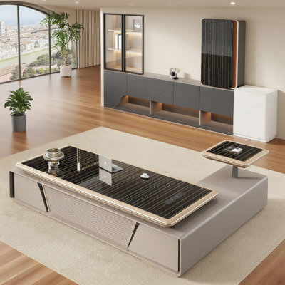 Bureau de direction multifonctionnel de luxe léger de 260 cm (102,36 po) – Armoire latérale à hauteur réglable électriquement avec boîtier de câbles multimédia et serrure à combinaison, bureau de direction à double rangement latéral