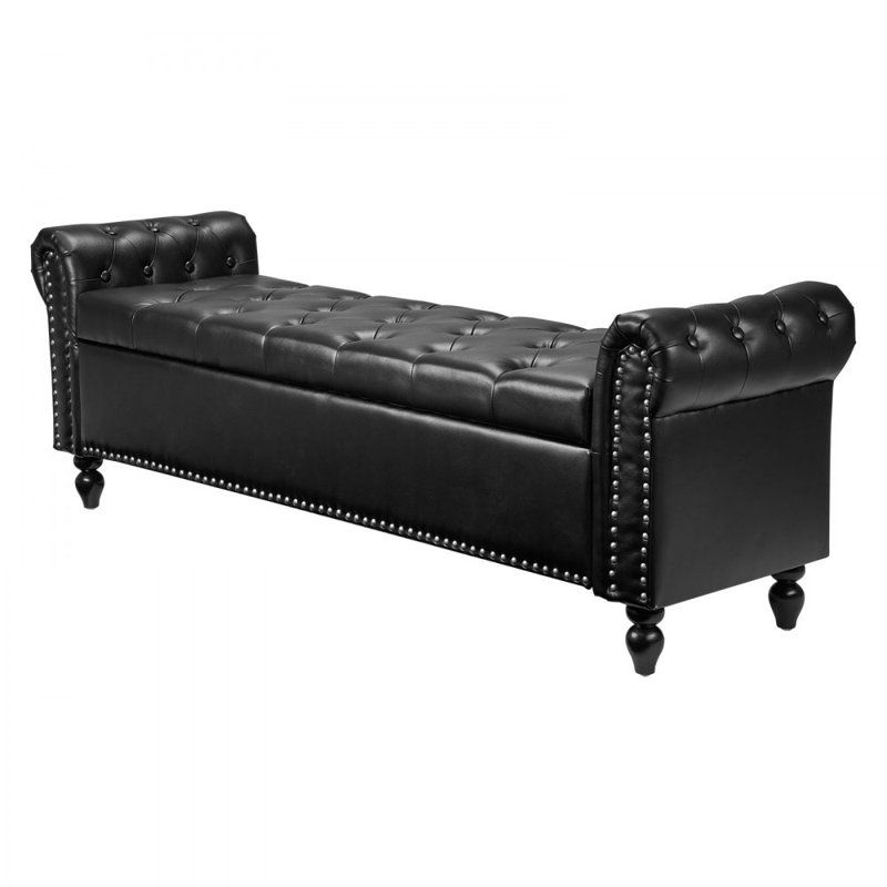Button-Tufted Storage Ottoman Bench Rolled Arm PU Leather Wood Legs, Black