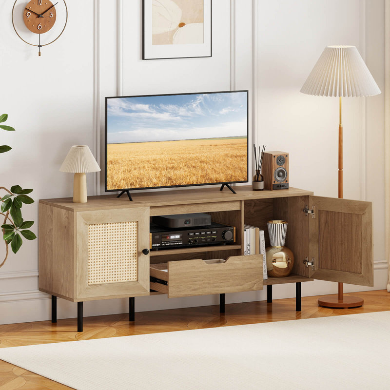 Meuble télé Boho pour téléviseur 60 po avec armoires, tablette de rangement, tiroir, portes en rotin PE